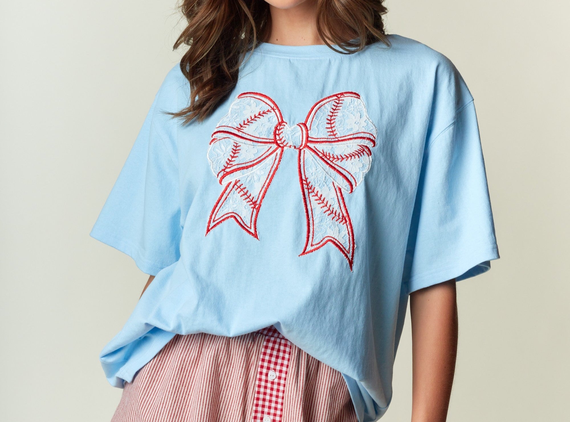 Baby blue lace baseball bow t-shirt