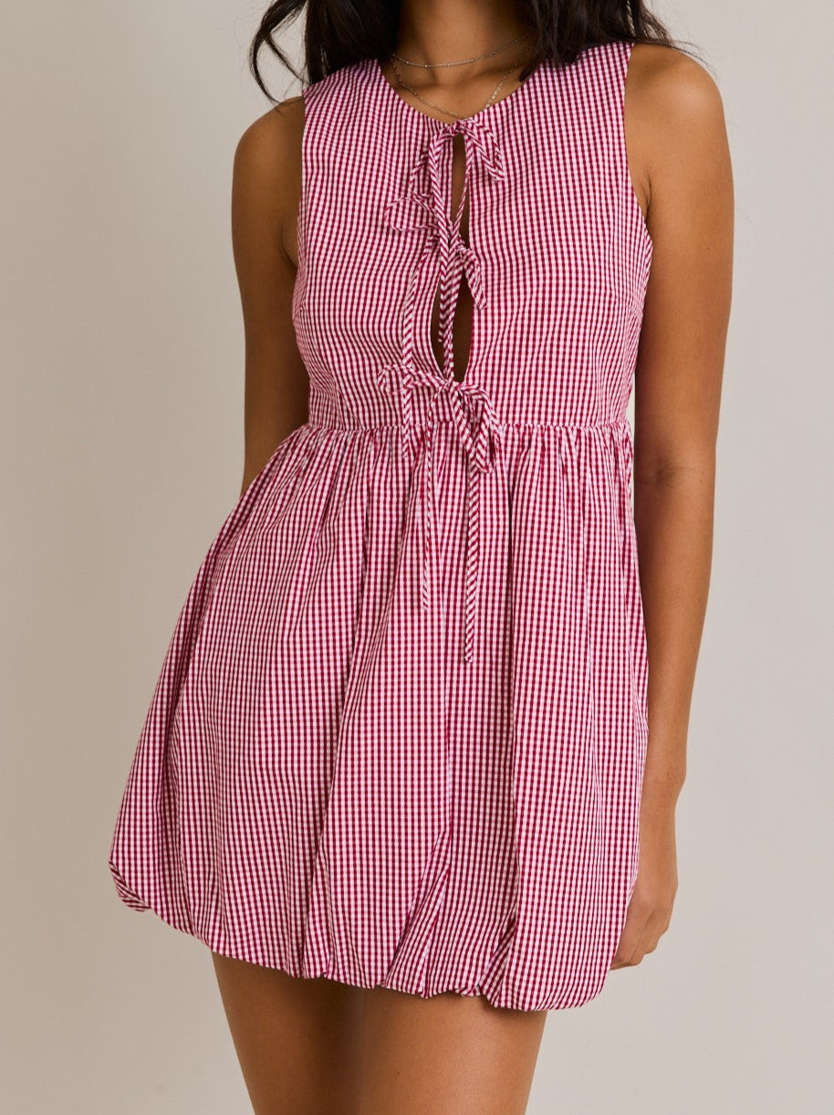V-neck 3 ties bubble bottom gingham dress