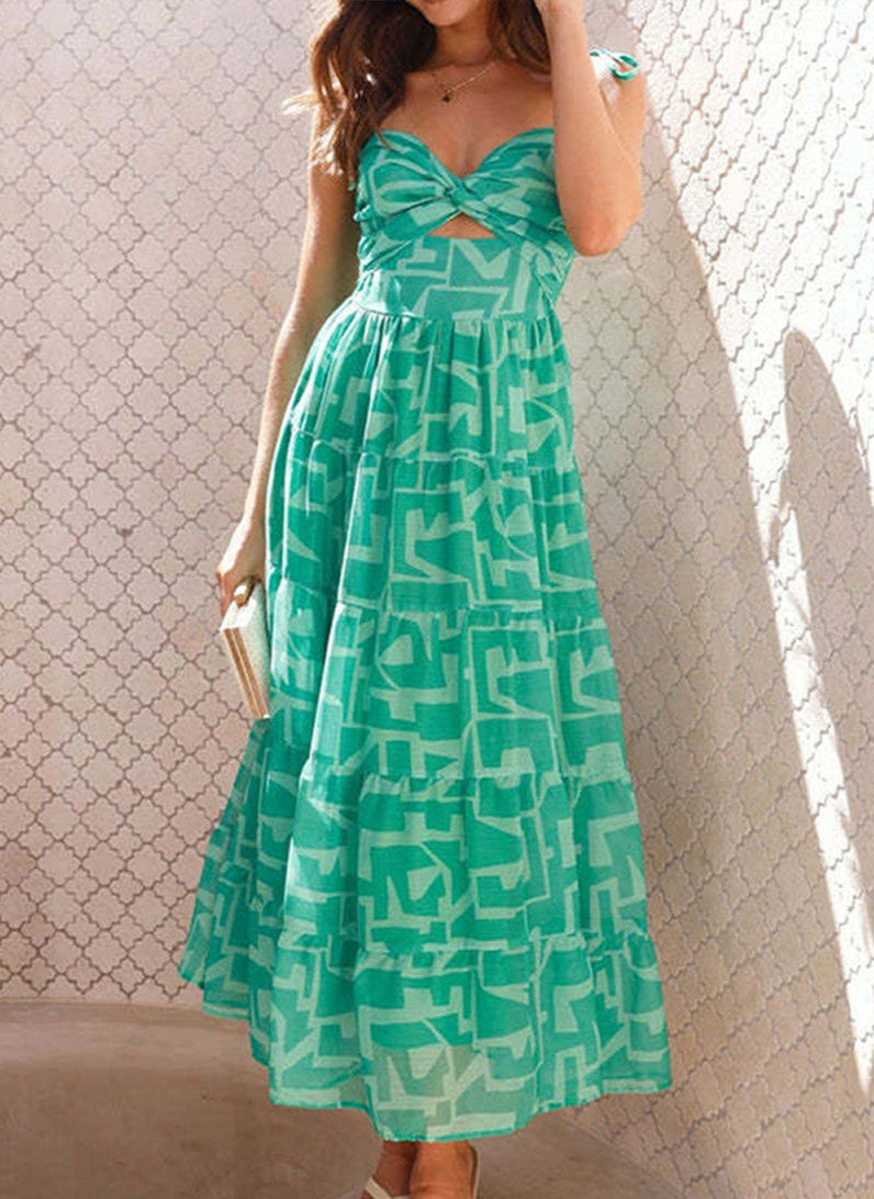 Tie strap front cutout abstract print maxi