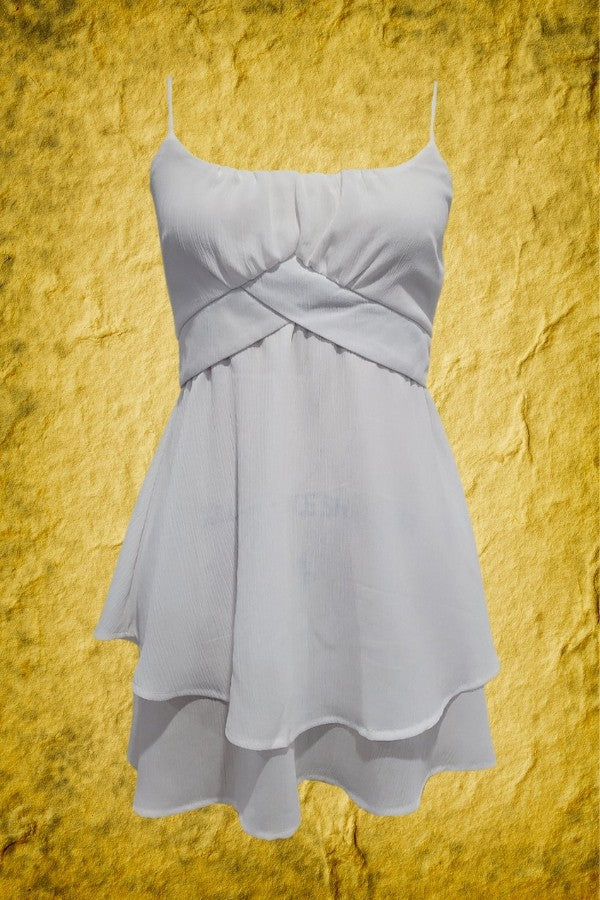white crape tie back dress with spaghetti straps