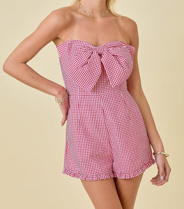 Strapless gingham romper with big bow front