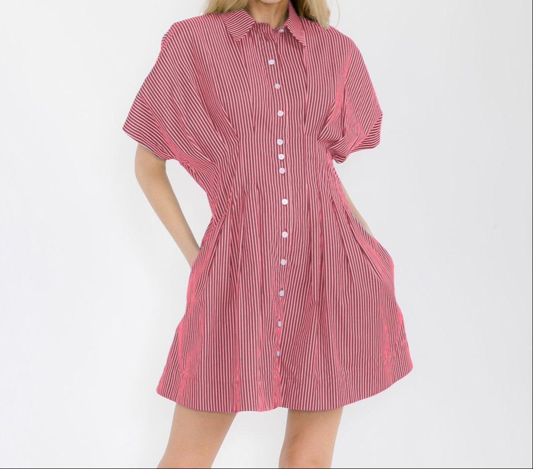 Pleated button down dress with stripes