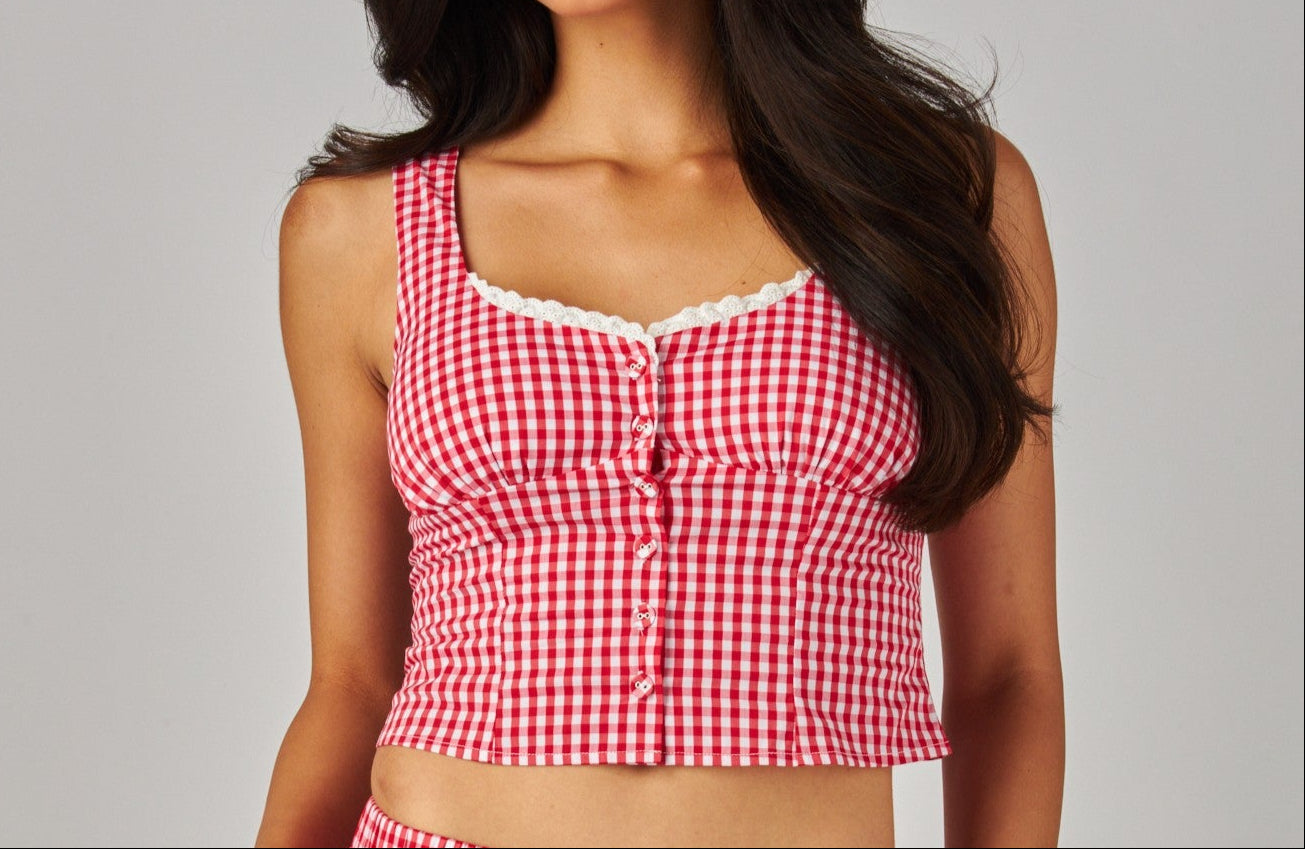 Gingham lace detail button down corset top