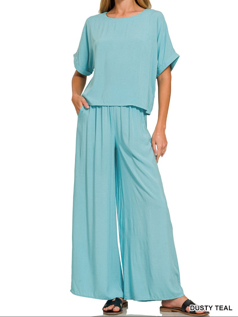 Wide pant leg and short sleeve set