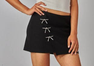 Scuba faux wrap skirt with 3 rhinestone bows