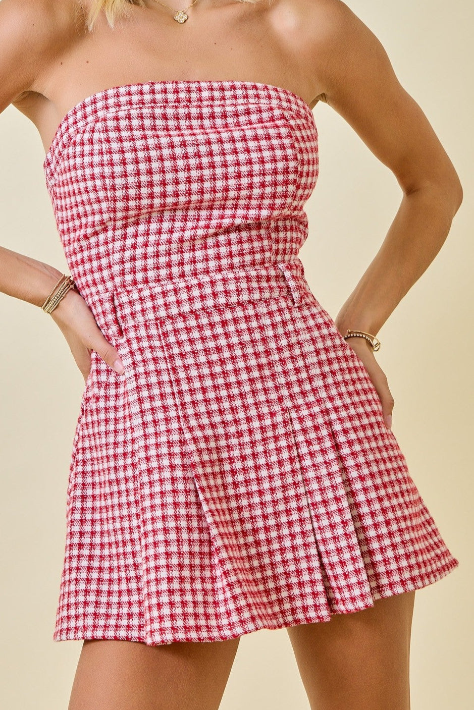 strapless with pleated bottom and pockets