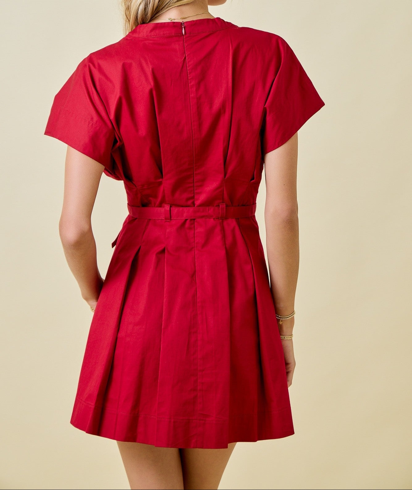 Pleated belted deep V drop shoulder dress