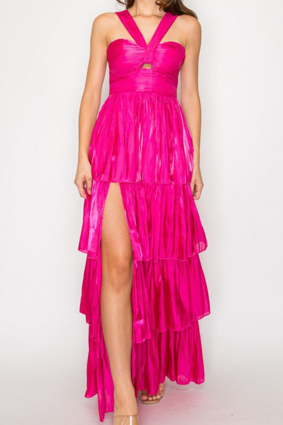 V-neck  4 tiered with center cutout long dress