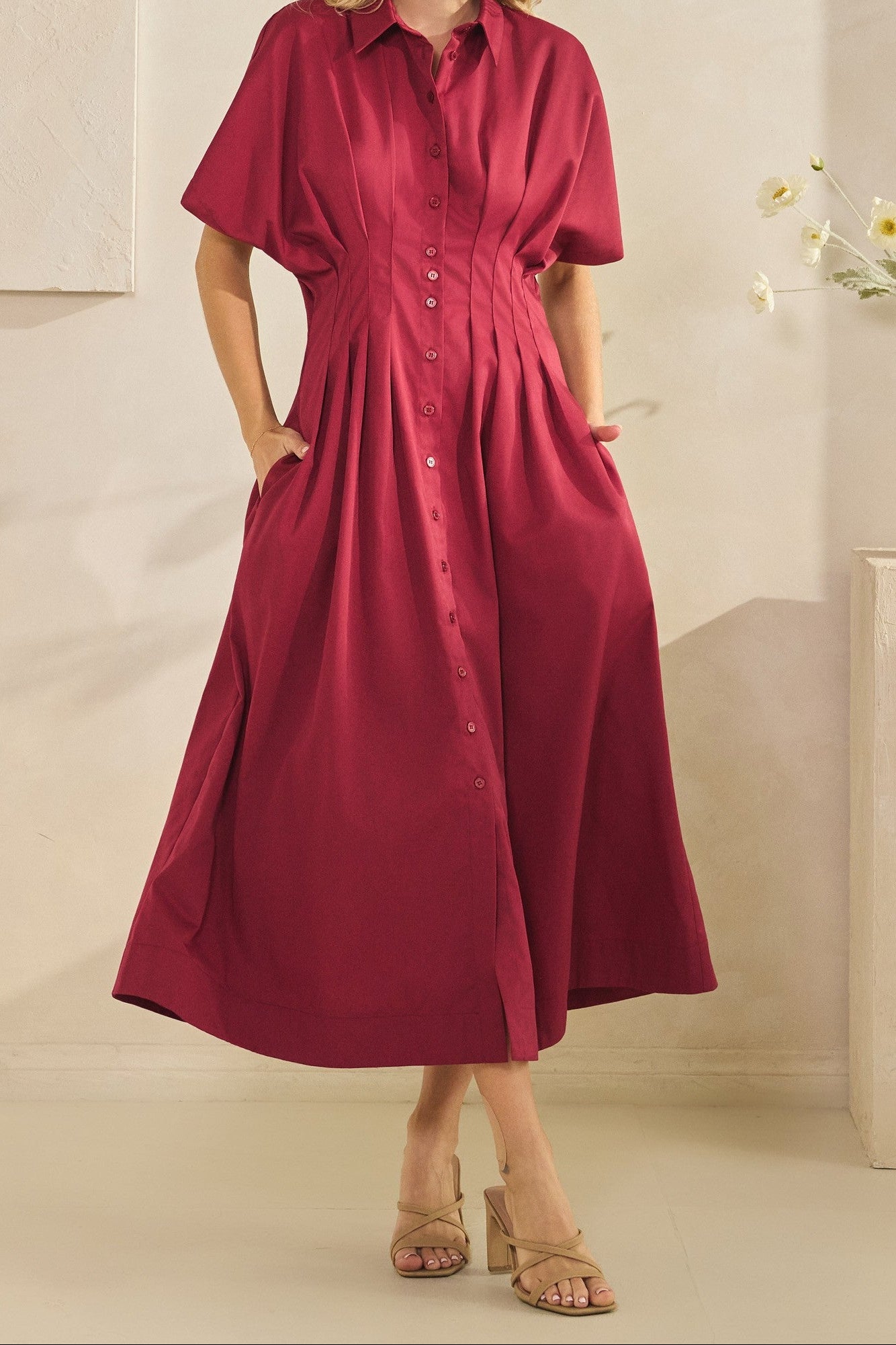 Pleated button down maxi dress