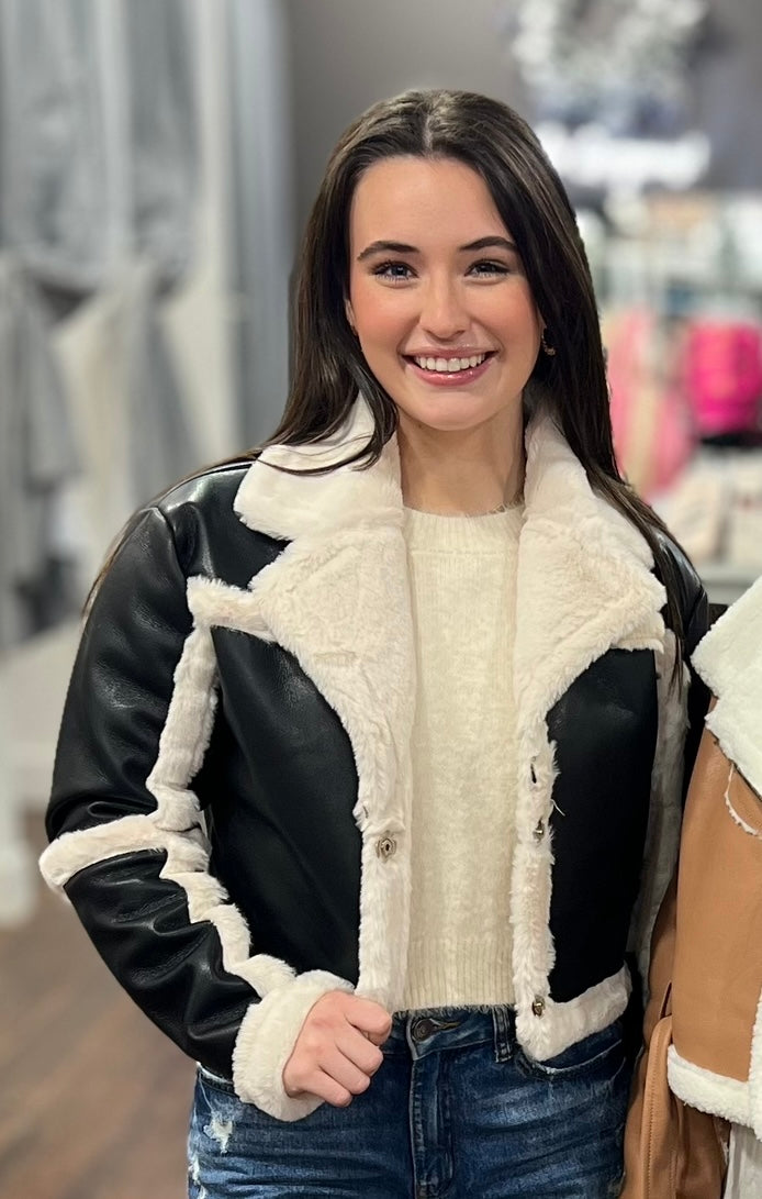 Faux Leather with white fur detail cropped bomber