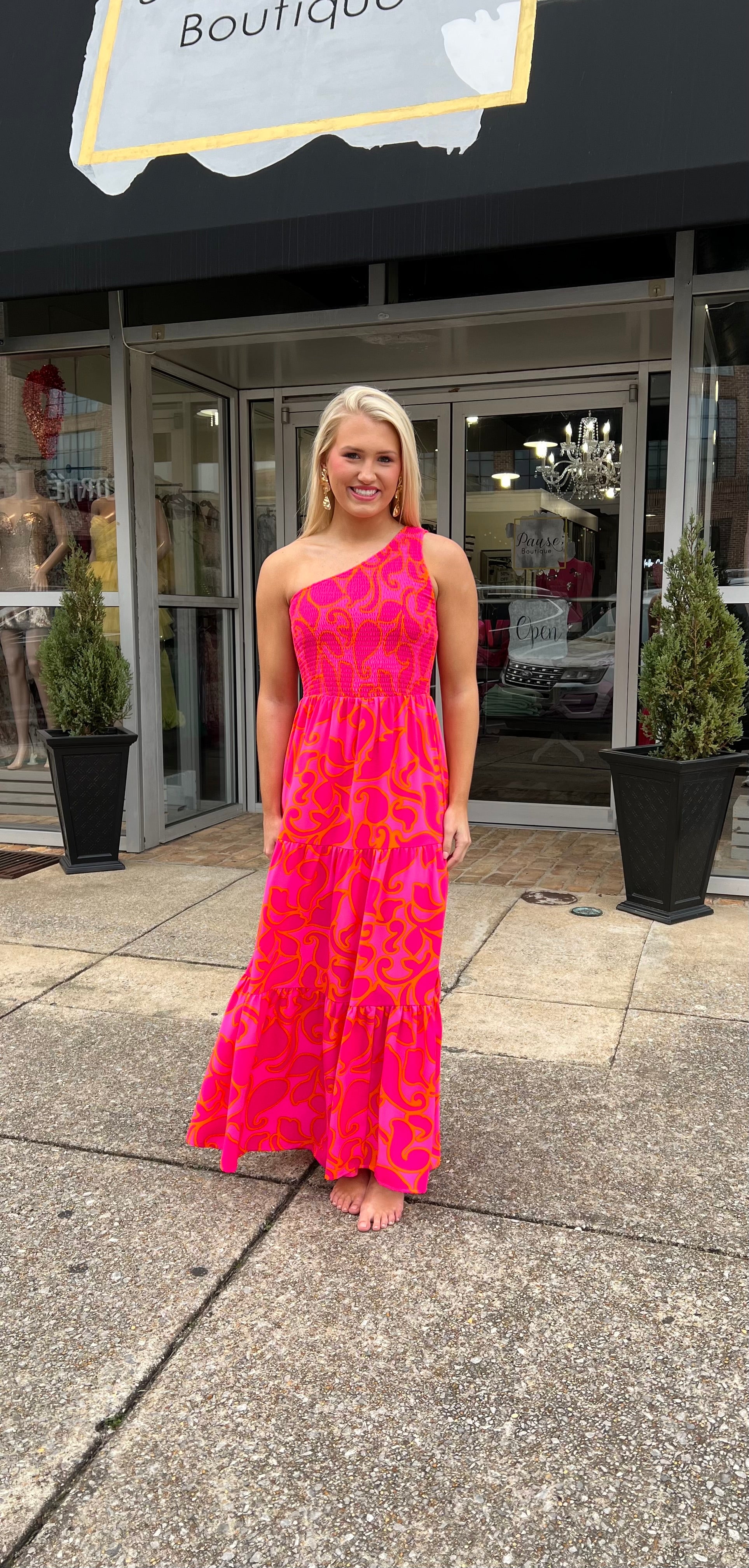 One shoulder smocked maxi pink orange