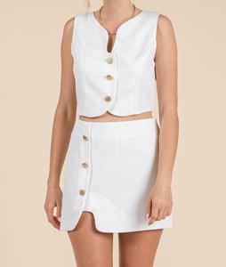 Wavy crop vest with gold buttons and asymmetrical skirt set