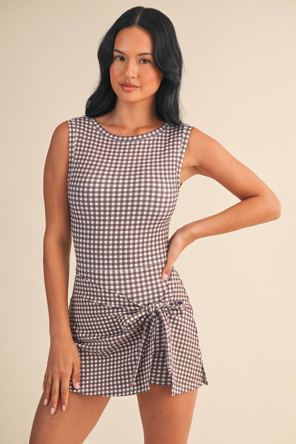 Gingham Print Sleeveless Wrap Tie Front Dress