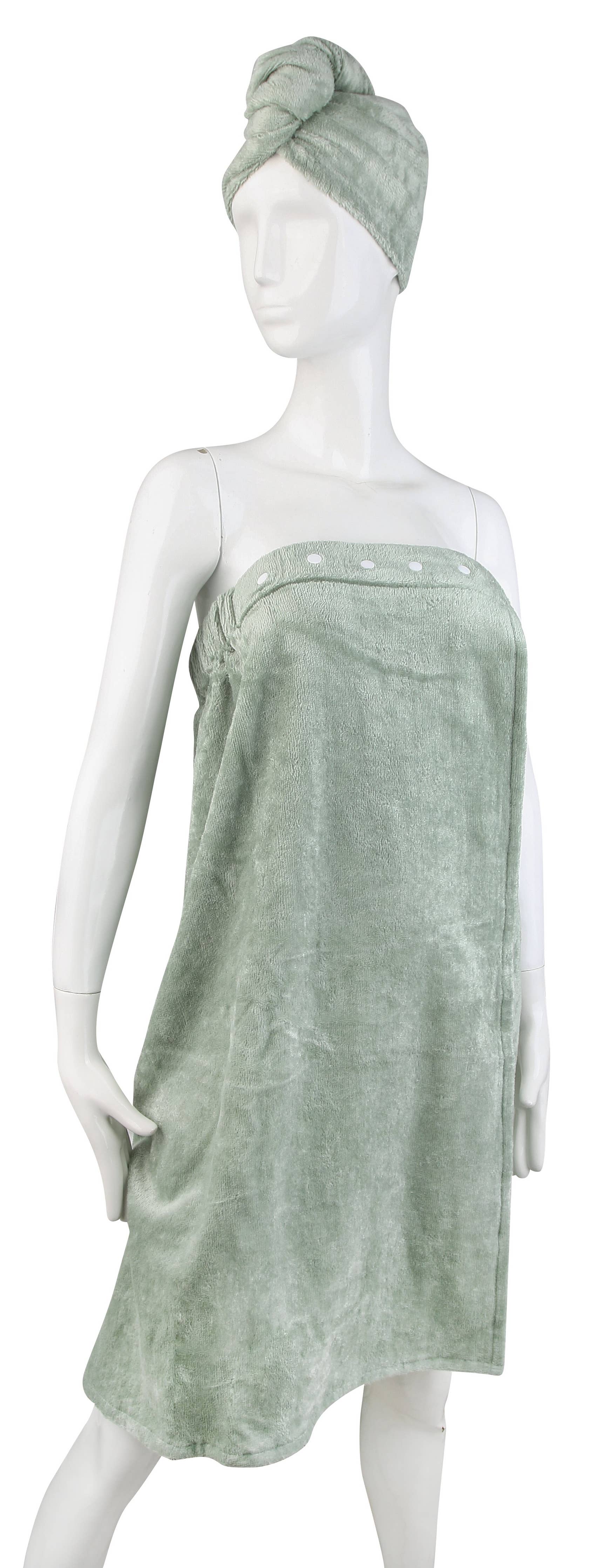 Extra Plush Bath Wrap + Hair Turban Set - Sage Green