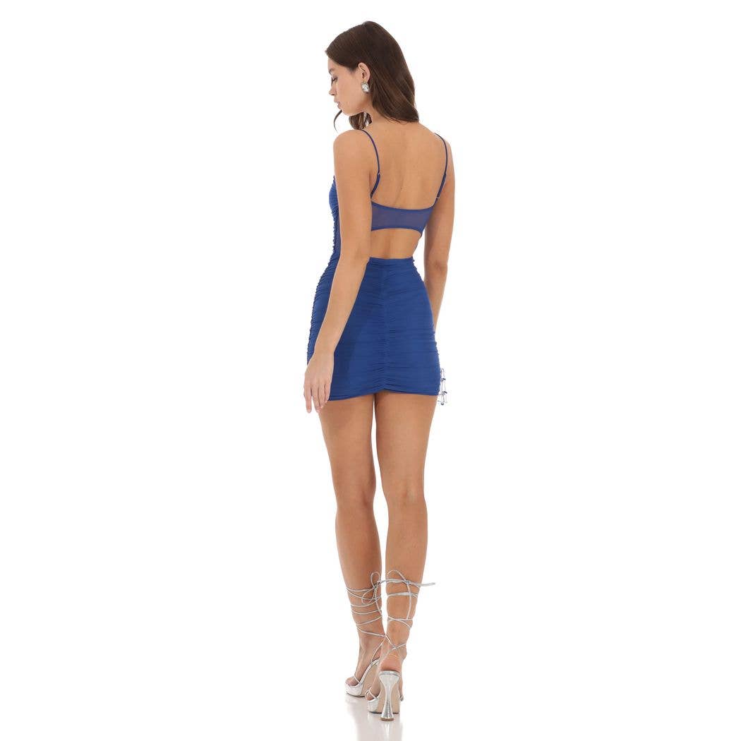 Mesh Ruched Bodycon Dress in Blue