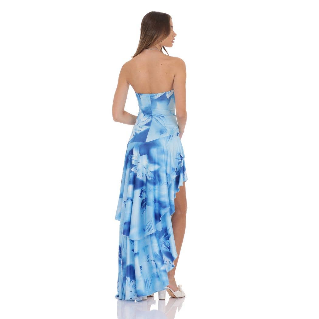 Floral Strapless Ruffle Asymmetrical Maxi Dress in Blue
