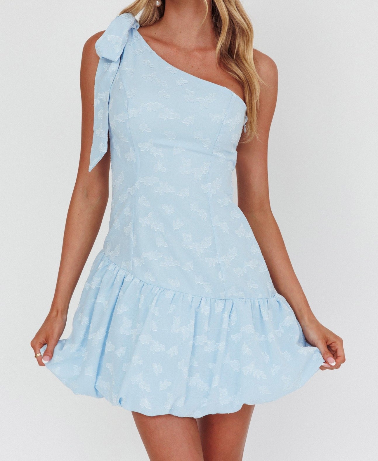 One shoulder tie bubble bottom jacquard mini