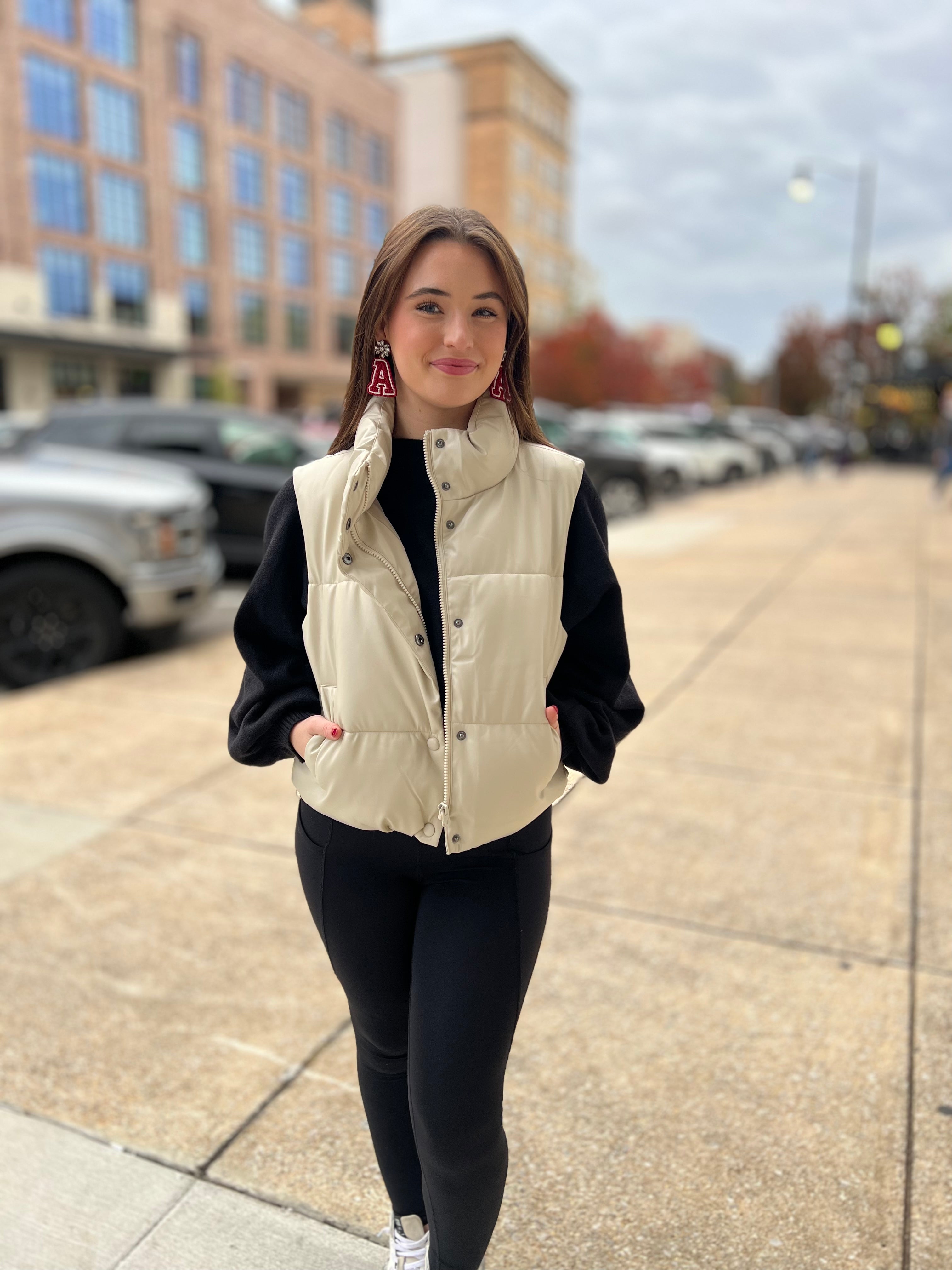 Collared faux leather puffer vestp