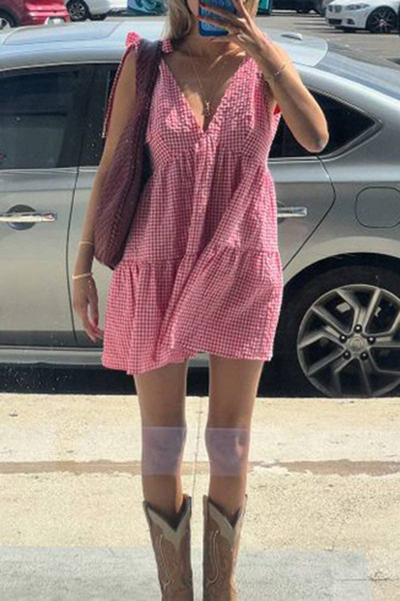 Tie-Strap Gingham Casual Dress