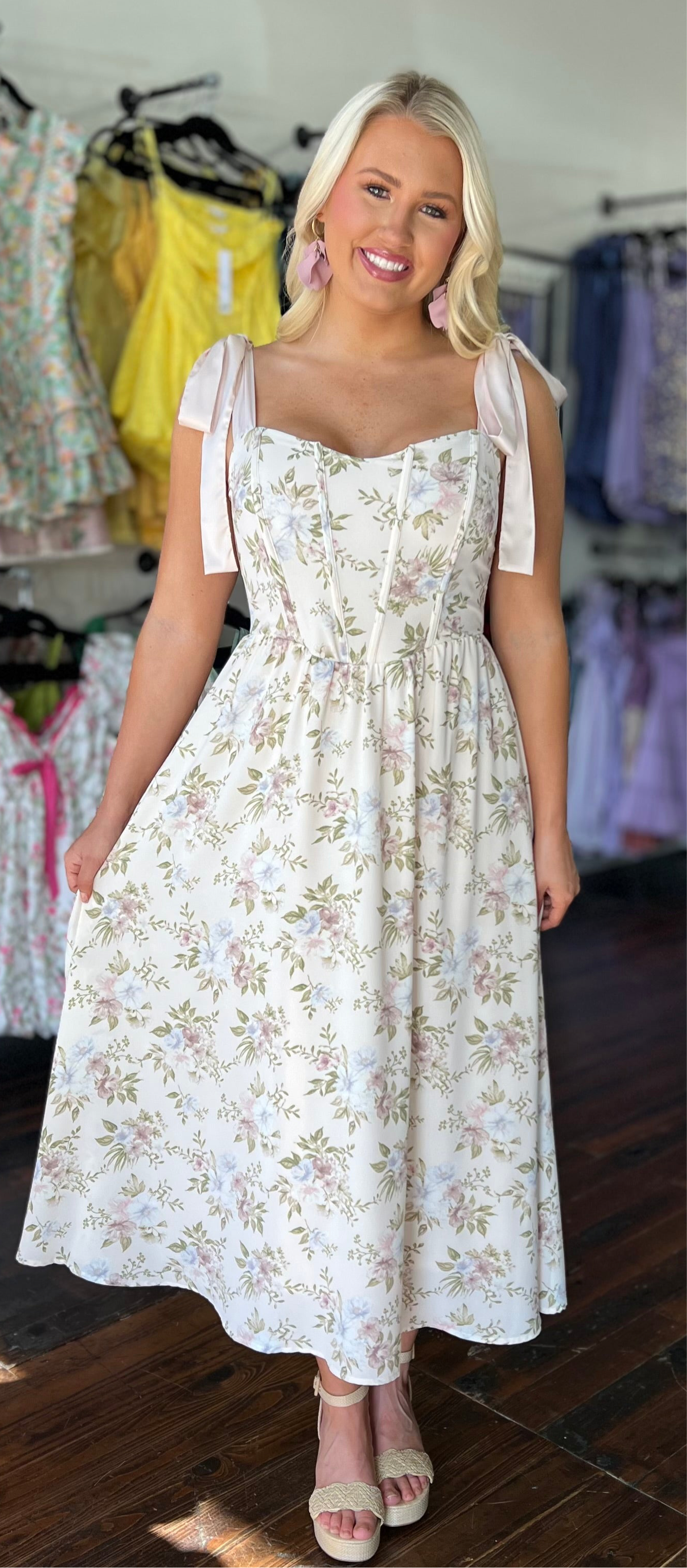 Corset boning top with satin tie straps floral maxi