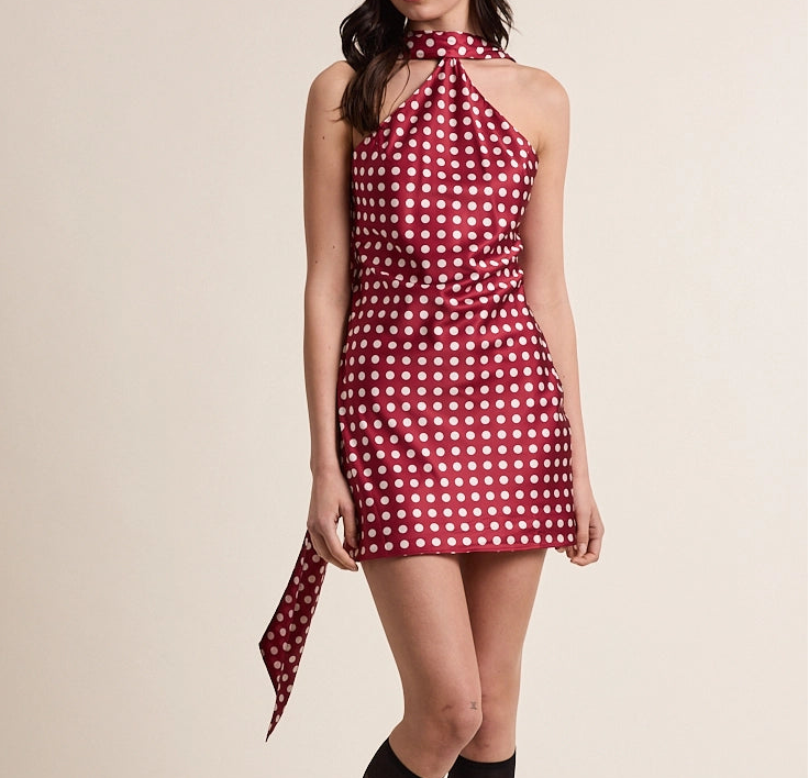 Satin polka dot bias cut long scarf mini dress