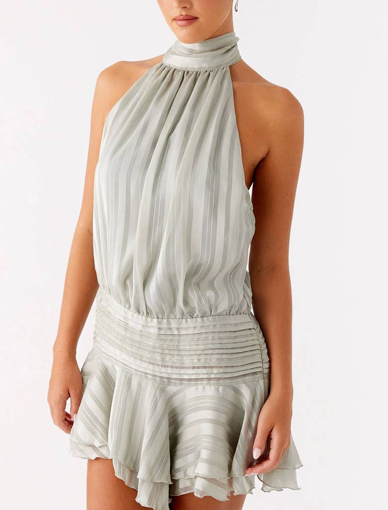 Striped Halter Mini Dress with Ruched Waist