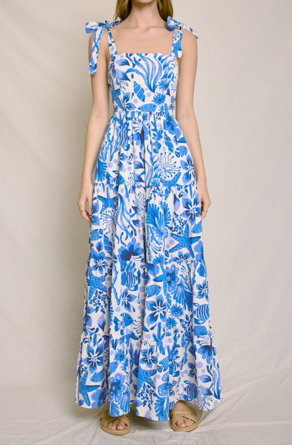 Fish and seashell printed Maxi with tie shoulders