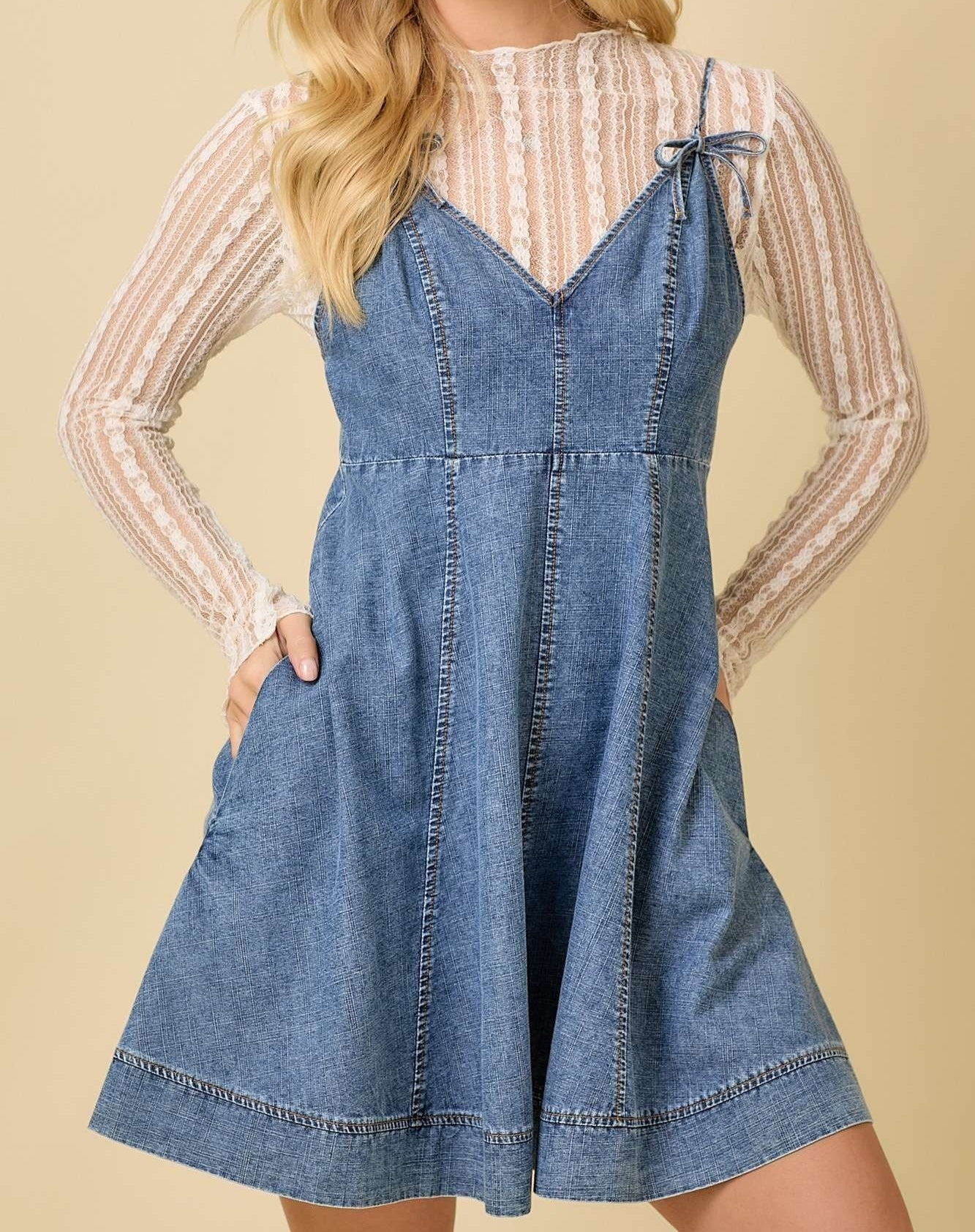 Thin bow tie V denim romper