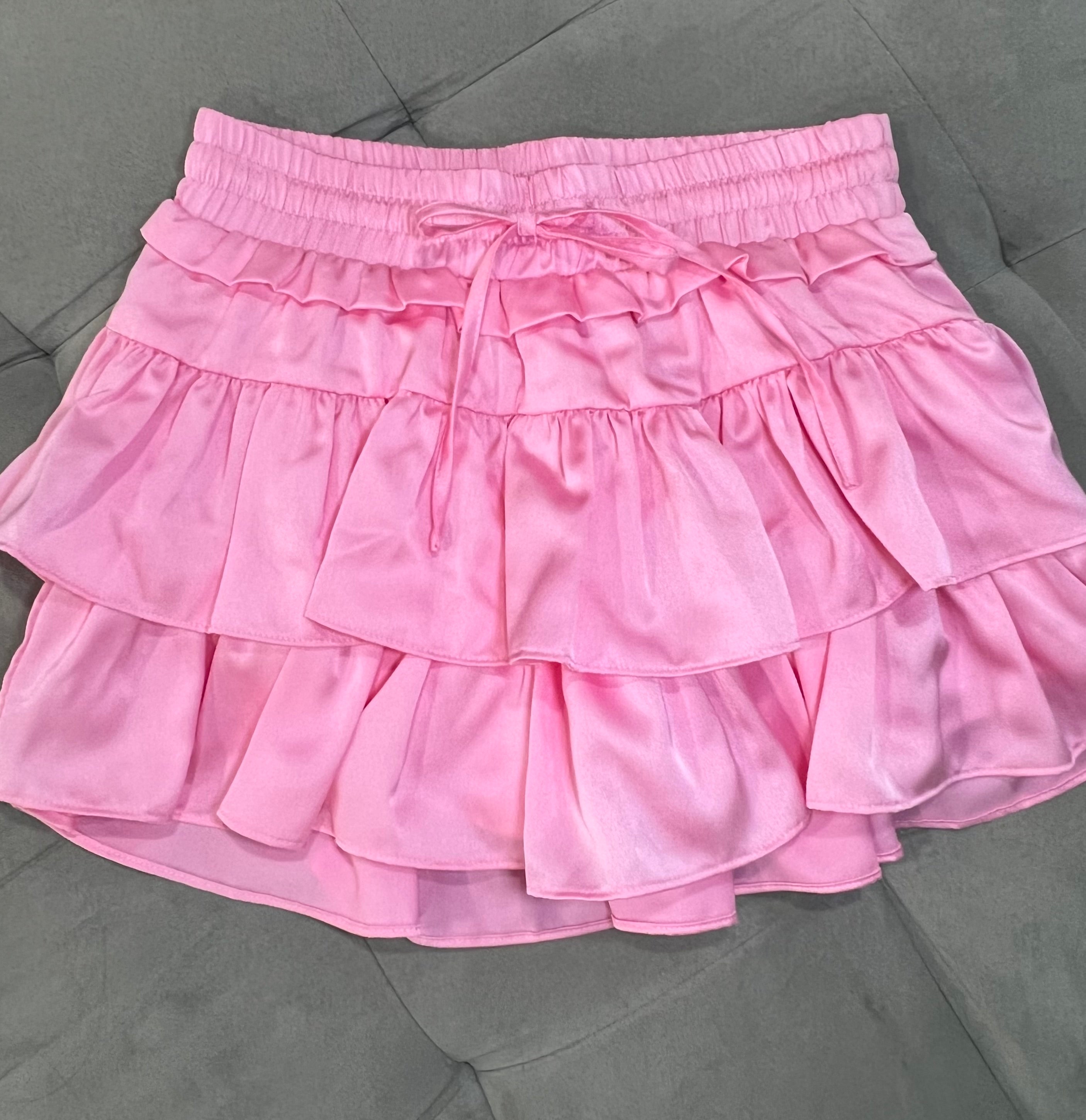 tiered satin skort with ties