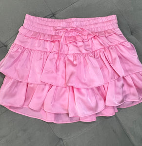 tiered satin skort with ties