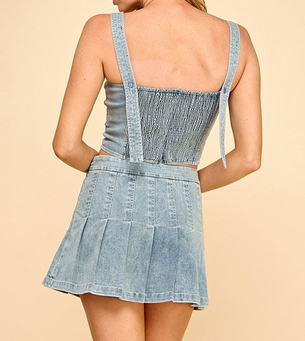 Tank adjustable denim top with pleated skirt set