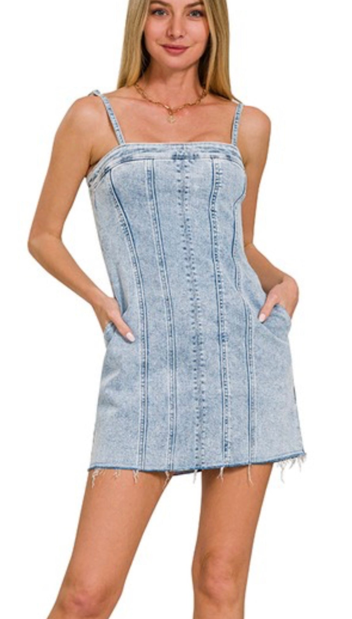 Raw Hem Removable Adjustable Strap Denim Dress
