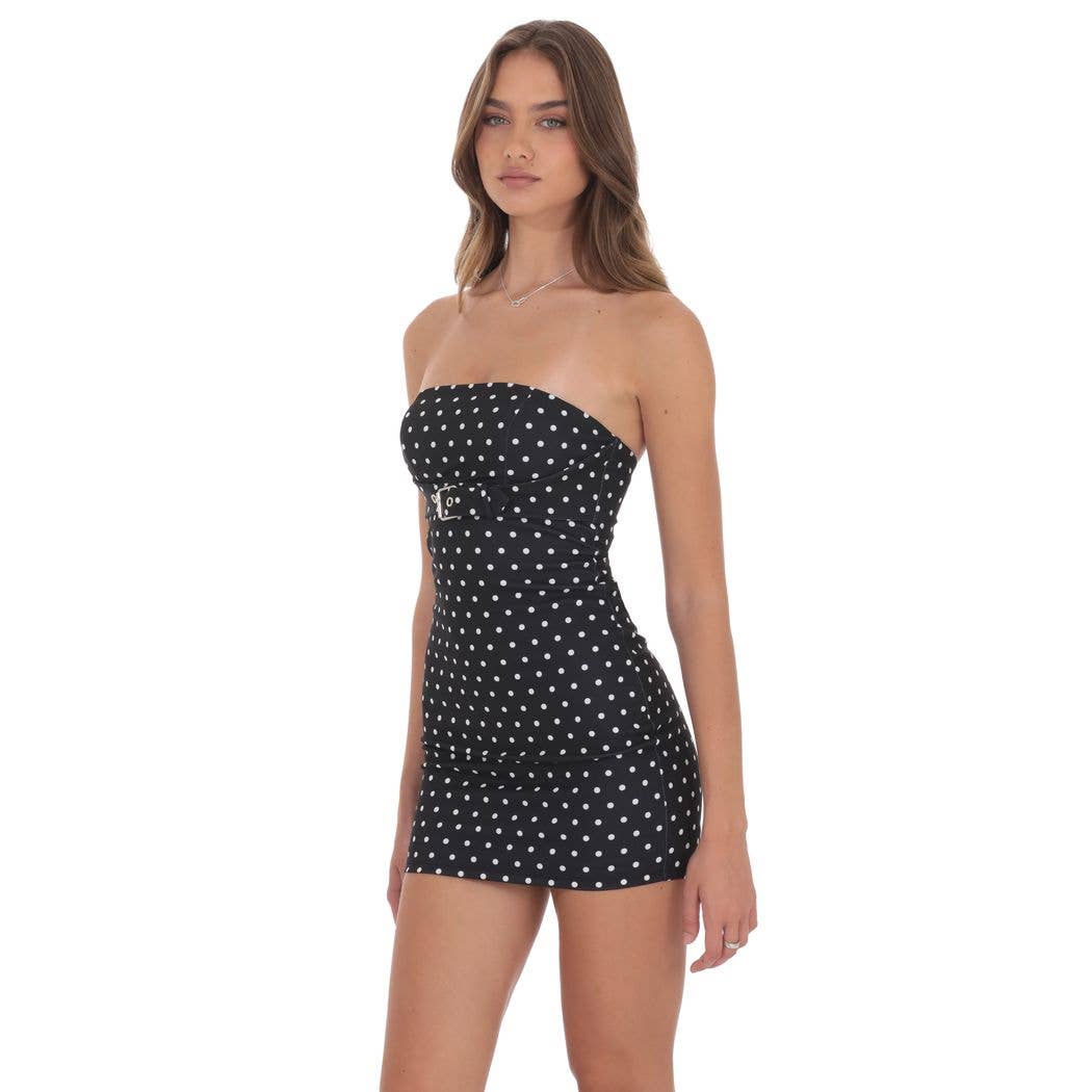 Polka Dot Belted Bodycon Dress in Black