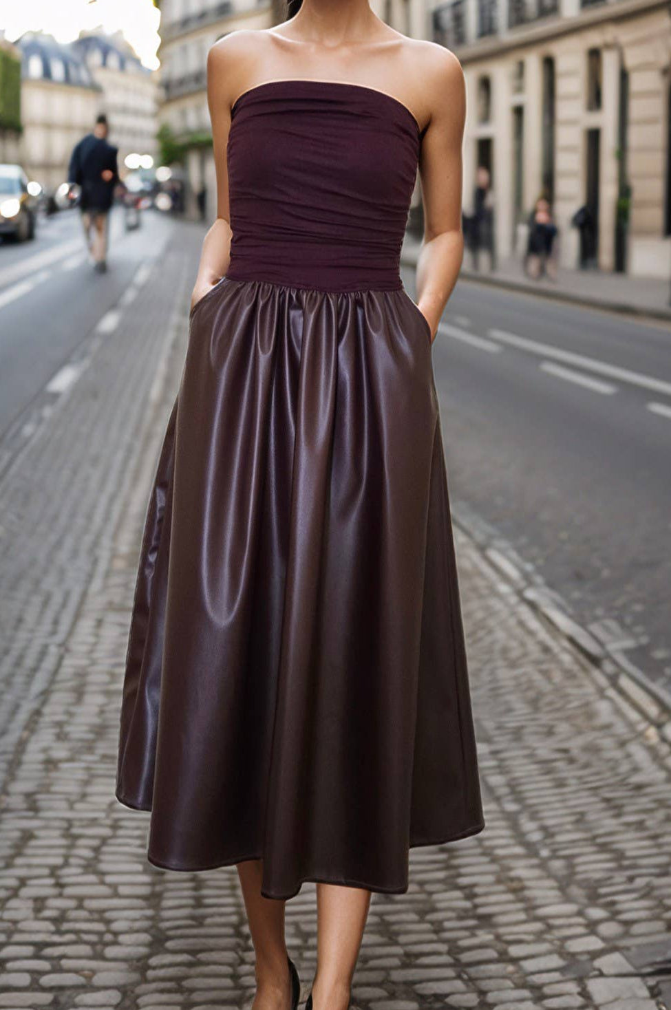 STRAPLESS RUCHED TOP WITH FAUX LEATHER MIDI SKIRT