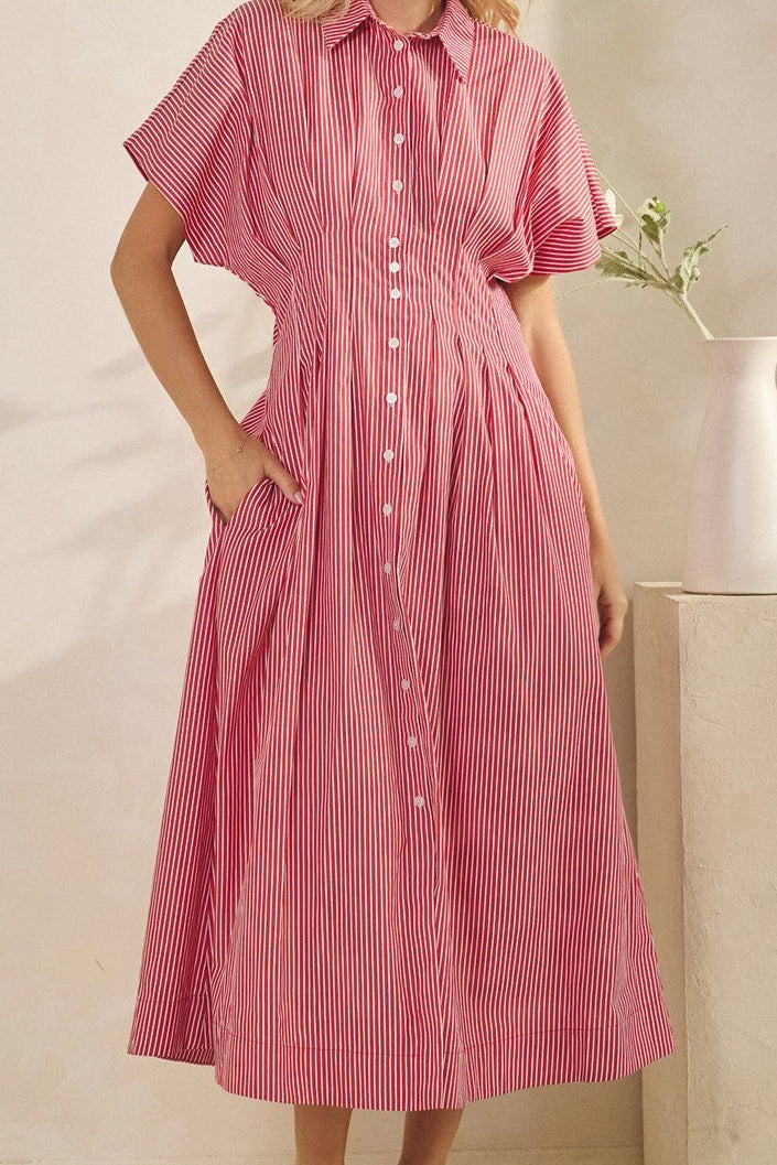 Pleated button down maxi dress with stripes