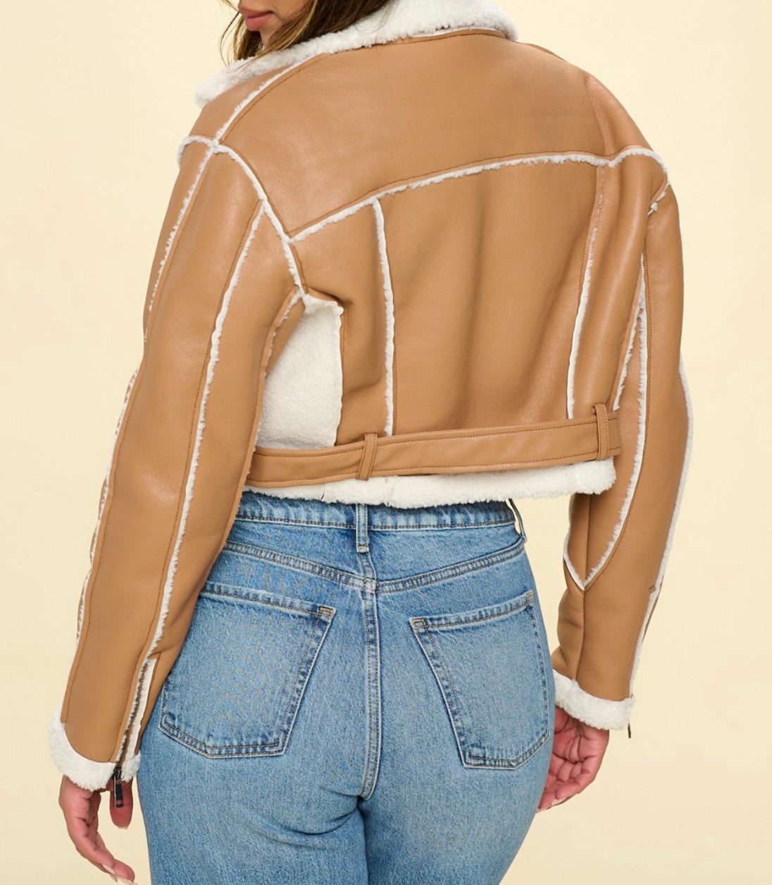 Cropped Leather Moto Sherpa Lining and Adjustable Belt Jacket