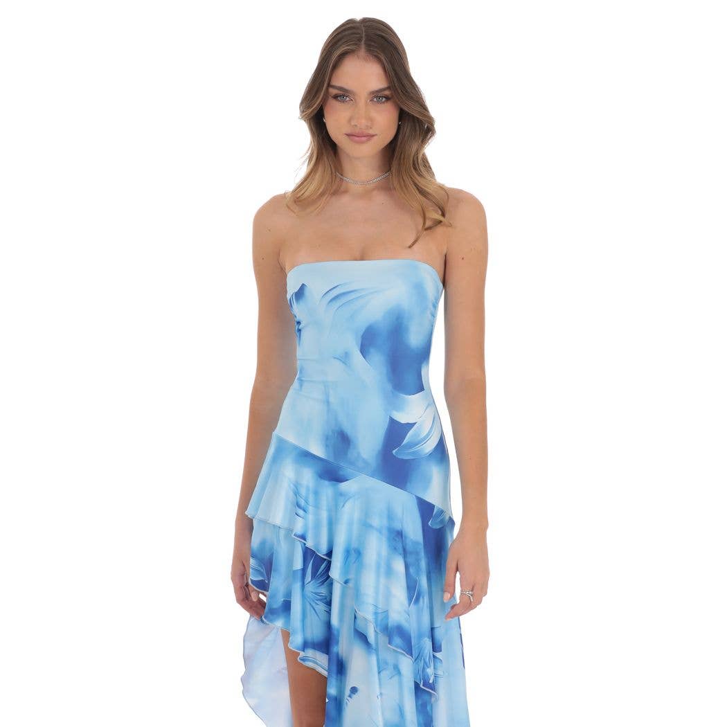 Floral Strapless Ruffle Asymmetrical Maxi Dress in Blue
