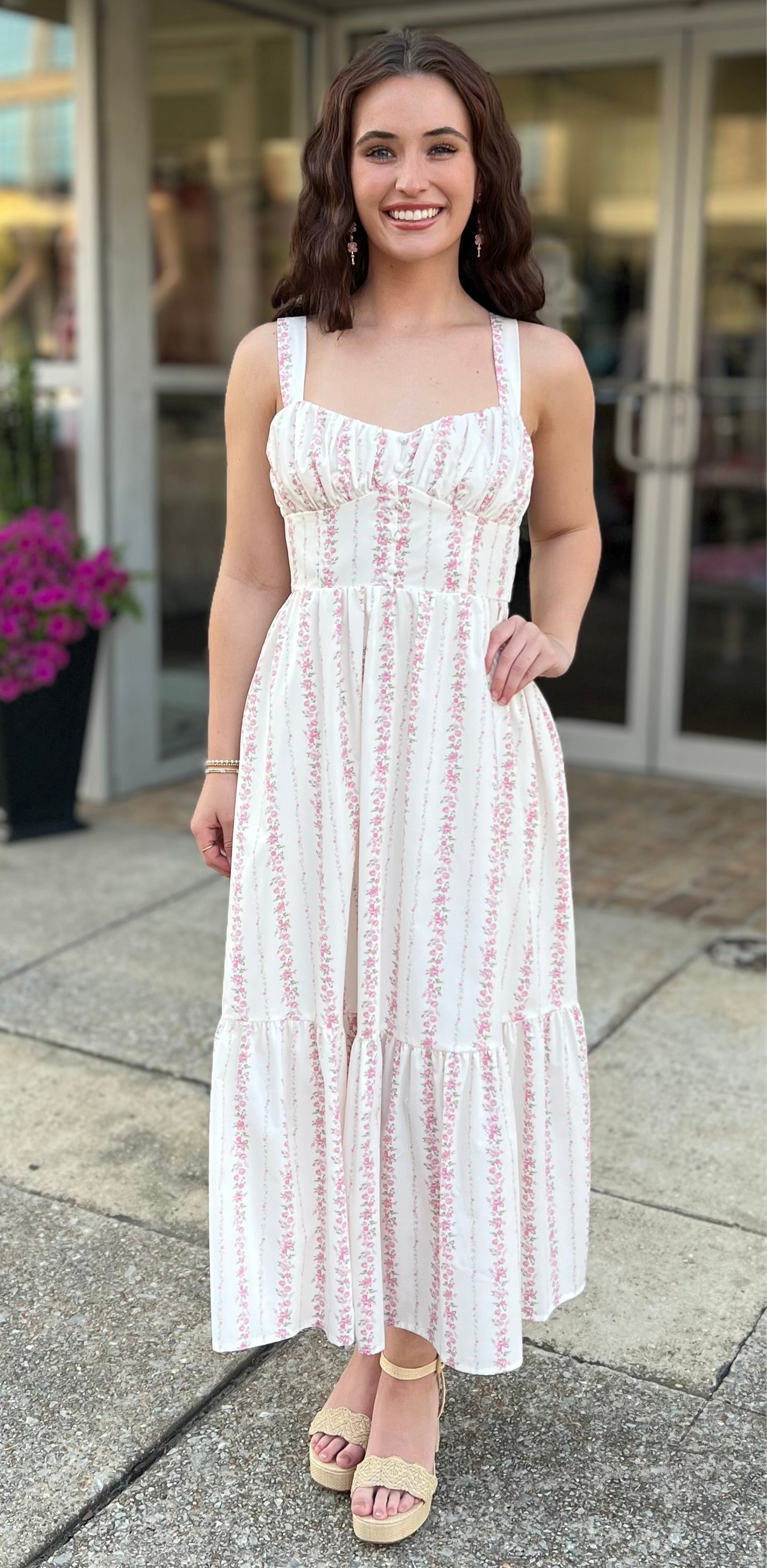 Tank strap vertical strip floral maxi