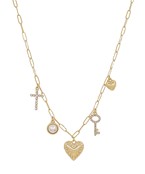 5 charm key, heart, and cross charm necklace