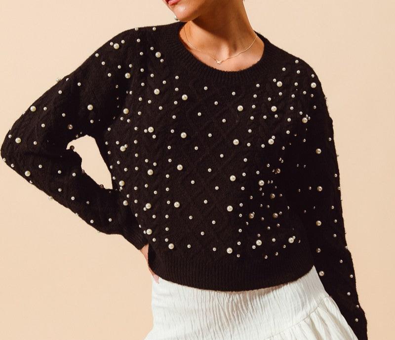 Pearl embellished cable knit sweater