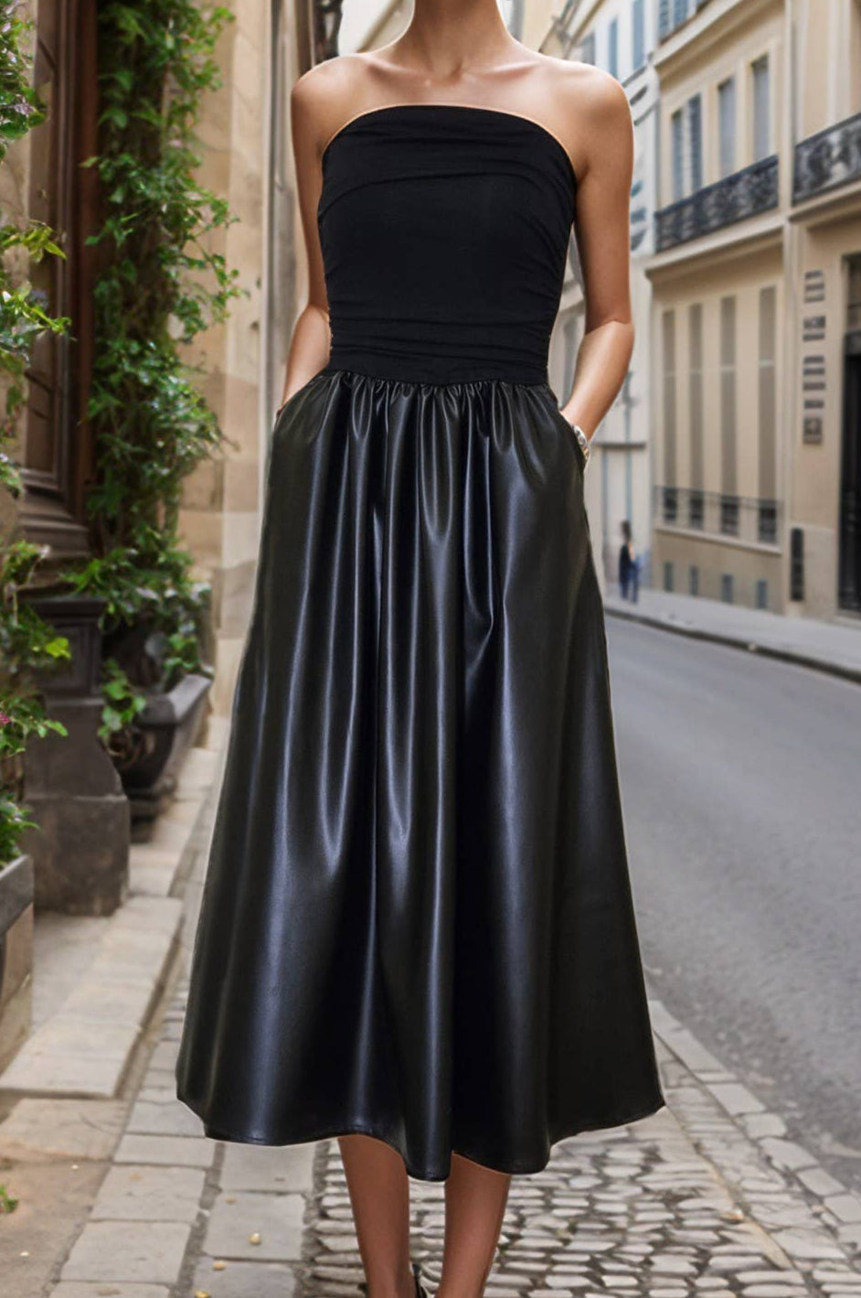 STRAPLESS RUCHED TOP WITH FAUX LEATHER MIDI SKIRT