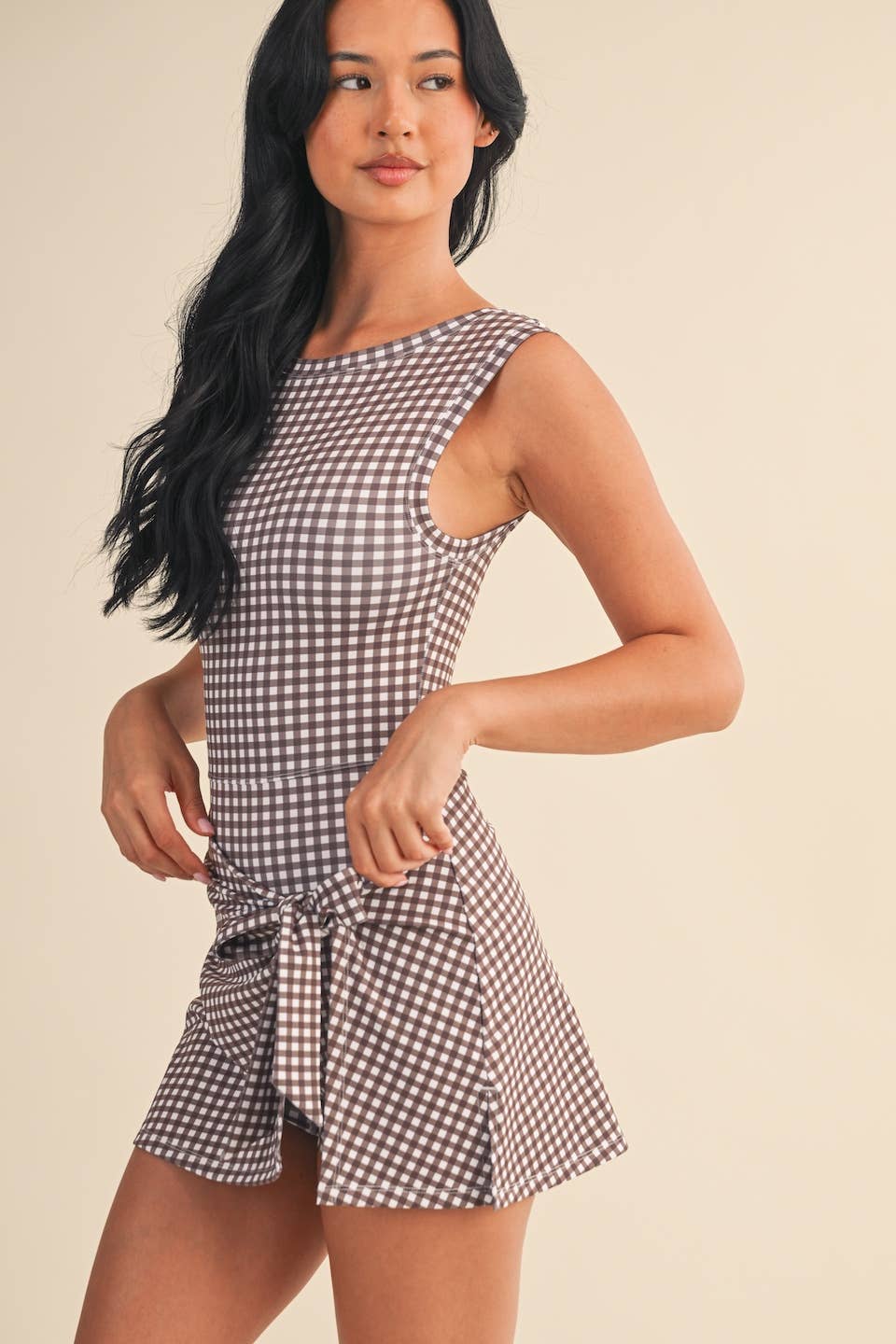 Gingham Print Sleeveless Wrap Tie Front Dress