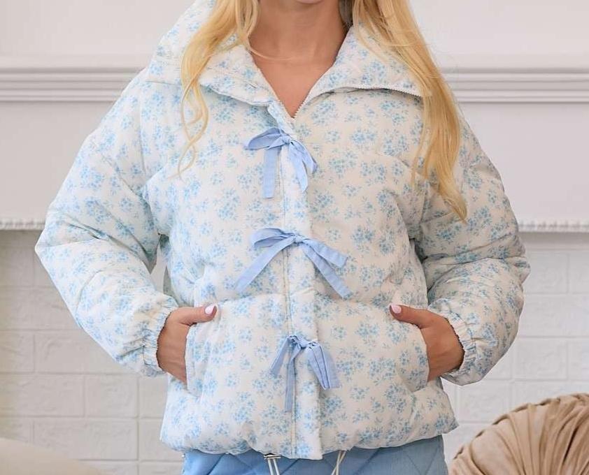 Floral puffer jacket with bows
