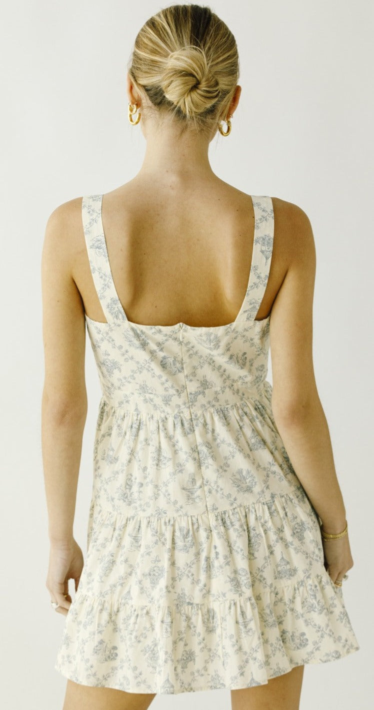 Square neck Toile print ruffle dress