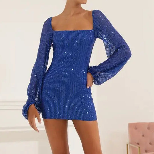 Sheer long sleeve sequin body con dress