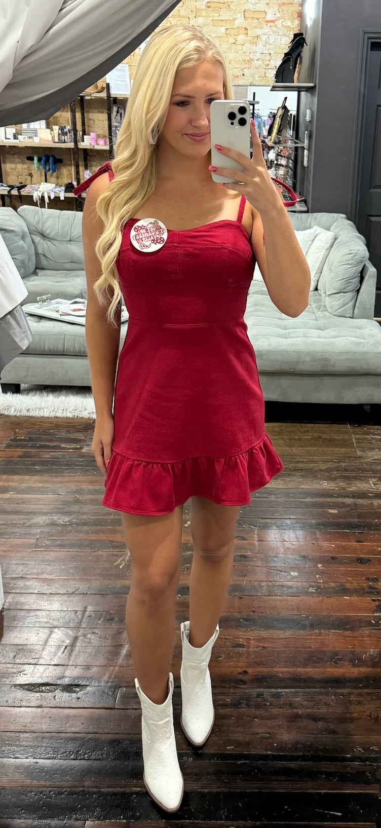 Denim crimson tie strap dress