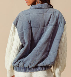 Square quilted denim zip up with knit sweater sleeves