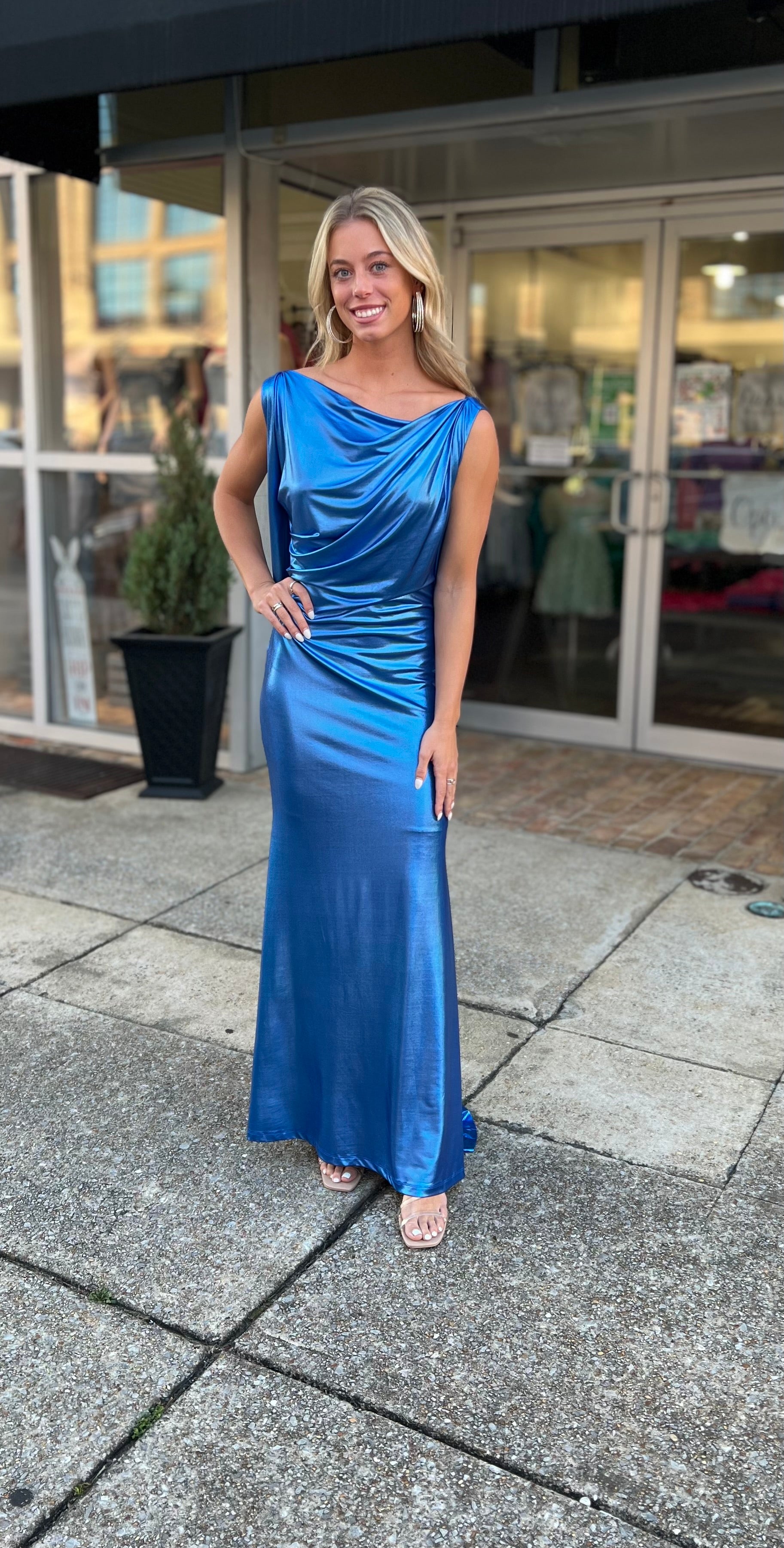 Long metallic blue Goddess formal dress