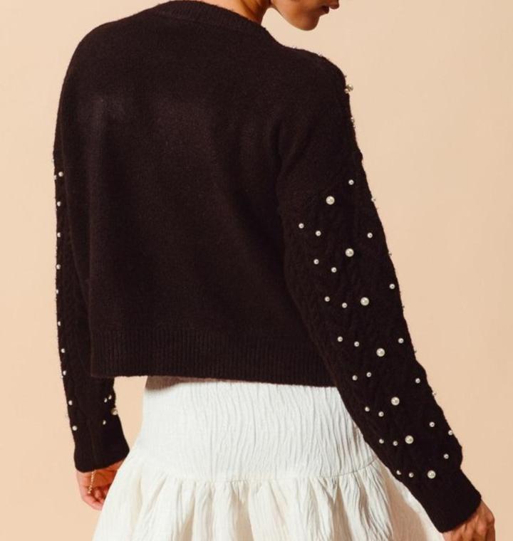 Pearl embellished cable knit sweater