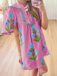 oversized stripe deep V short sleeve dress